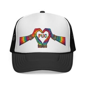 Tie-Dye Heart Hand Trucker Cap — Rainbow 'PUC' Love Design