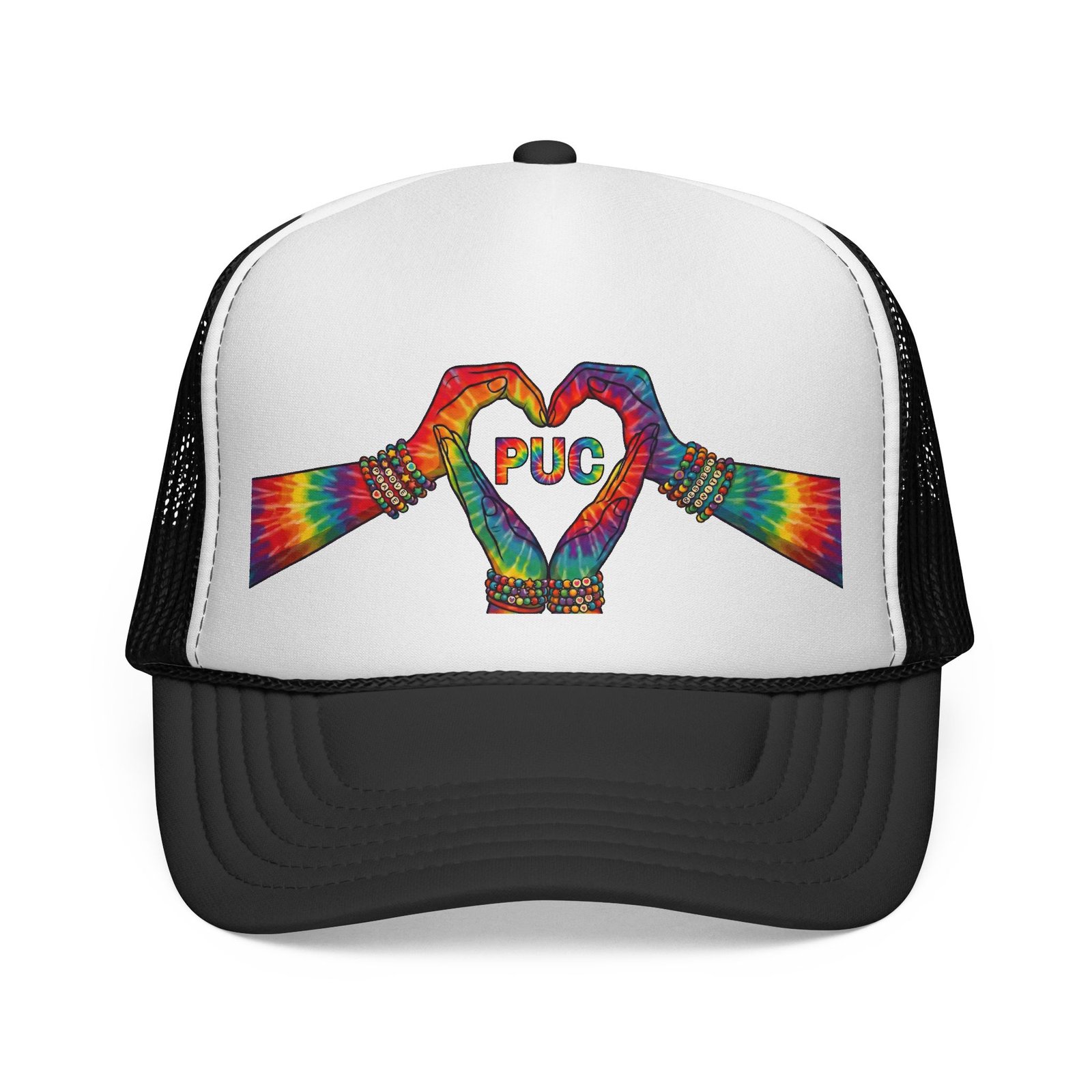 Tie-Dye Heart Hand Trucker Cap — Rainbow 'PUC' Love Design